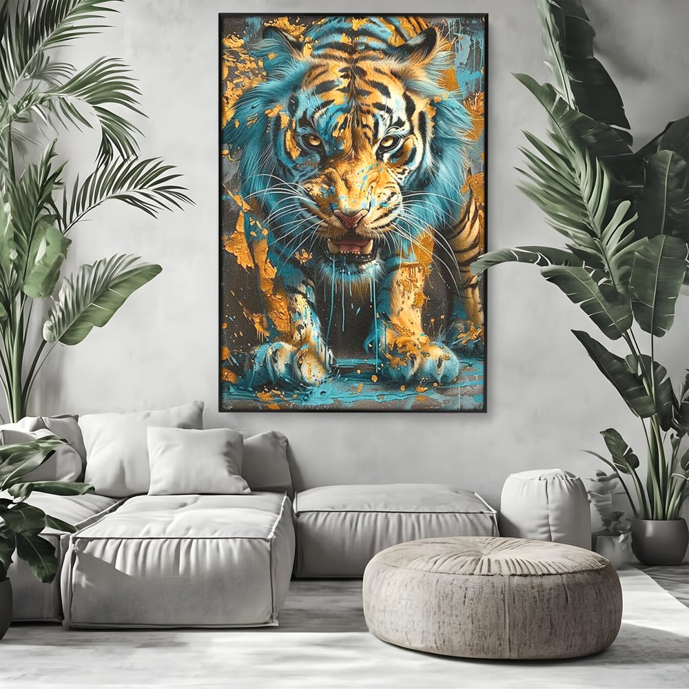 Tablou canvas cu tablou canvas cu tigru furios, in rama de aluminiu negru, pe perete intr-un living